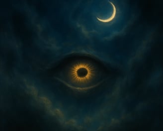 A glowing golden eye floats in a dark misty sky beneath a crescent moon.