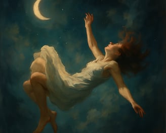A flooded town under a crescent moon with waves crashing around dark rooftops.