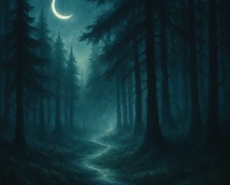 A misty forest path winds beneath a crescent moon in cool moonlight.