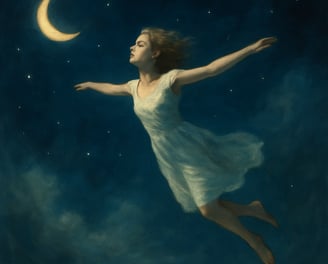 A woman floats through a starry sky in a white dress beneath a glowing crescent moon.
