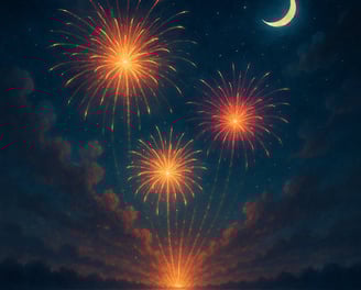 Fireworks burst over water beneath a crescent moon in a dreamy night sky.