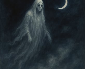 A ghostly woman in white floats beneath a crescent moon in swirling mist.