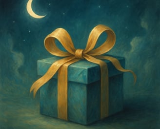 A glowing gift box with a golden ribbon sits beneath a crescent moon in dreamy twilight.