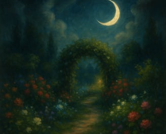 A moonlit garden path winds through flowers beneath a glowing crescent moon.