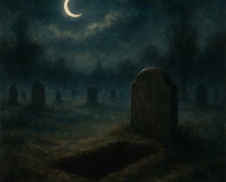 A moonlit grave stands in mist beneath a crescent moon in a quiet, shadowy cemetery.
