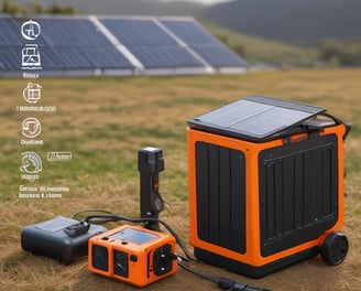 A grey textured surface features a coiled red cable, a grey device with digital display controls, and a soft case with the text 'Newpowa BE WISE GO SOLAR' in bright green lettering.