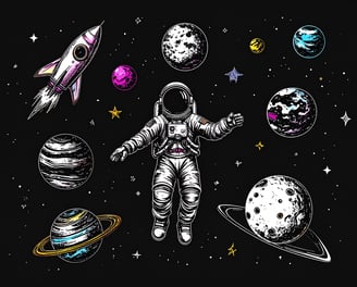 spaceman in deep space surrounded by planets, stars and rockets