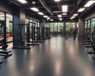 An interior space featuring a modern showroom with large ceramic tiles and bright lighting. The walls display brand signage and various tile samples. A sleek, minimalist desk is centered, surrounded by a clean and spacious environment.