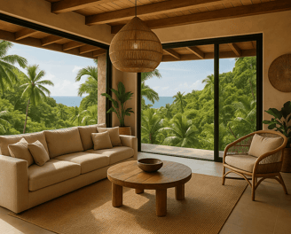 a living room with a couch and a table