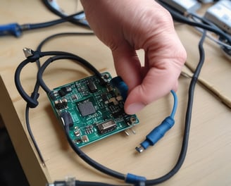 A pair of hands is handling a small electronic device, which is open to reveal its internal components, including a circuit board and a lithium button cell battery labeled CR2032. The device case is yellow and is being held on a white surface with some other parts scattered around.