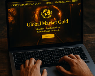 Homepage of Global Market Gold shown on a laptop, featuring certified African gold bars for legal in