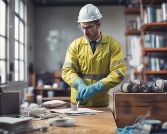 A black and white photo of a man wearing a safety helmet and a work jacket. The background shows an industrial setting with blurred machinery and office windows.