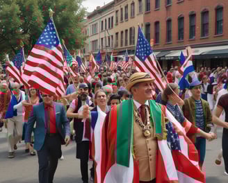 A group of people are participating in a lively street procession, with participants wearing traditional attire and carrying colorful flags. The scene captures a sense of celebration and community engagement as they walk barefoot along the road lined with spectators.