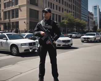 A line of law enforcement officers wearing protective gear and holding transparent shields marked with various titles such as 'Police,' 'Sheriff,' and 'State Patrol.' They are positioned in front of a grand building with detailed architecture, suggesting a tense or prepared atmosphere, possibly related to crowd control or a protest.