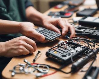 A disassembled smartphone with its internal components visible, showcasing various circuit elements such as metal connectors, screws, and a QR code on a circuit board. The background is solid black, drawing focus to the partially exposed circuitry.