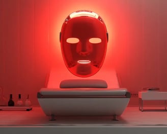 a red light up in a room with a white couch