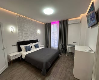 a bedroom with a bed and a television