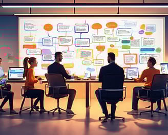 a group of people sitting at a table with laptops discussing inventory transformation process