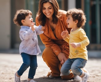 A woman sits comfortably on a couch, holding a young child on her lap. The child looks thoughtful while the woman seems relaxed, holding a smartphone in her hand. The room is decorated with indoor plants and features a modern lamp and wall clock.