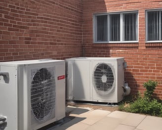 Numerous air conditioning units are densely packed on the exterior wall of a multi-story building. The image shows a very urban setting, with a grid-like arrangement of metal platforms supporting the units. Adjacent to this setup is a zigzagging metal staircase, leading to various floors of the building. The overall appearance is industrial and cluttered.