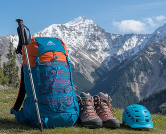 Image of a backpack, hiking boots, and helmet. Snow-capped mountains in background.