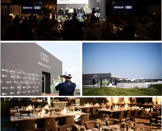 Audi quattro Cup event, featuring a panel discussion, branding displays outdoor venue setup, and el