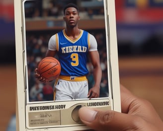 A hand is holding a basketball trading card encased in a protective plastic sleeve. The card features a player in a teal basketball jersey with the letters 'CHA' visible. The background is blurred, focusing attention on the foreground.