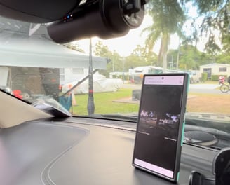 Professional dashcam installation in a Jeep Cherokee at Harbour Town Caravan Park, Treasure Island, Gold Coast