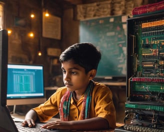 indian child in front of laptop coding