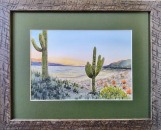 a painting of a desert scene with cactus plants