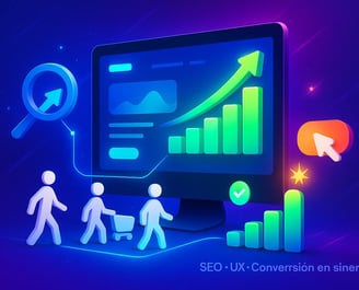 Ilustración de monitor con gráfico de barras ascendentes y flecha, iconos de lupa, carrito y figuras de usuarios, texto “SEO 