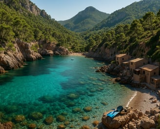 Vista aérea de Cala Deià, Mallorca, mostrando la cala de guijarros, aguas turquesas transparentes