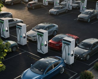 a parking lot with cars parked with ultra fast  EV charger