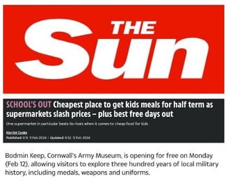 Bodmin Keep mentioned in The Sun article: "Schools Out! Cheapest place to get kids meals for half term