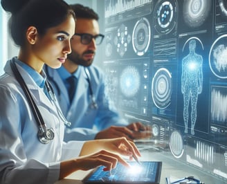 doctors watching a augmented reality screen with data analitics