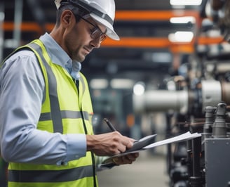A man in a suit and tie is posing next to a large industrial turbine or engine component. The setting appears professional and technical, with a focus on machinery.