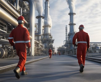 employees walking in the refinery