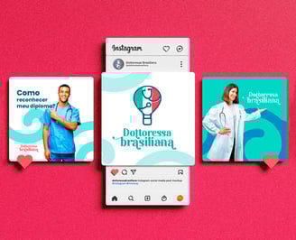 Instagram com posts com logo de médica com balão, bandeira da Italia e estetoscópio