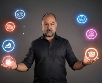 Hombre con camisa oscura interactuando con iconos digitales flotantes, simbolizando creatividad, inn