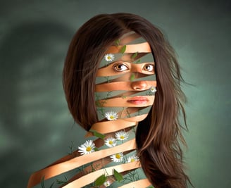 a woman with a flowers coming out of her, peeled effect Photoshop