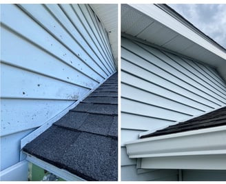 Before and after soft washing upper house siding and eaves