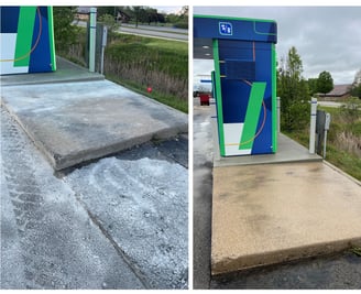 Before and after pressure washing a concrete pad at a commercial property