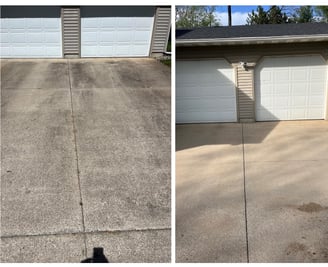 Before and after pressure washing a dirty concrete driveway