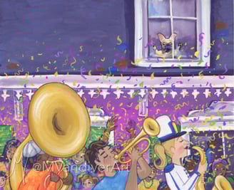 Illustrations from Bruno & Frida Go To Mardi Gras by New Orleans artist Melissa Vandiver.