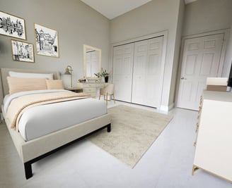 Digitally staged view of bedroom 2, queen size bed and make up vanity with chair