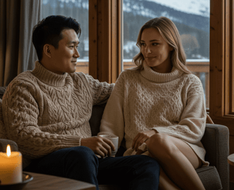 a man and woman sitting on a couch in a living room