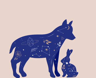 Dessin d’un chien et d’un lapin en interaction, symbolisant la communication animale