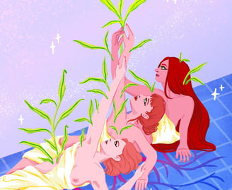 three women laying on each other, rooting on the floor, growing leaves in their bodies.