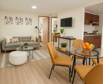Interior de departamento muestra con sala, comedor y cocina integrados.