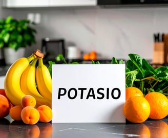 Alimentos que aportan potasio, con un cartel blanco que tiene escrito potasio, en una cocina